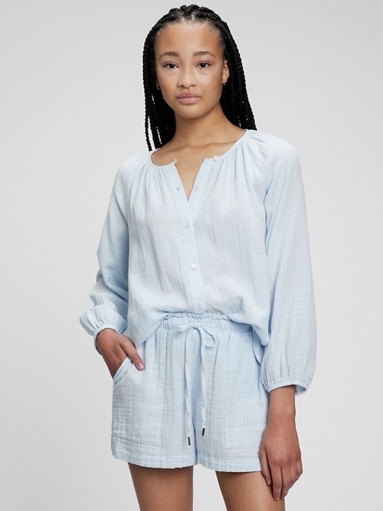 GAP Tops - Gap Size L Crinkle Gauze 100% Cotton Button-Front Top - Light Blue